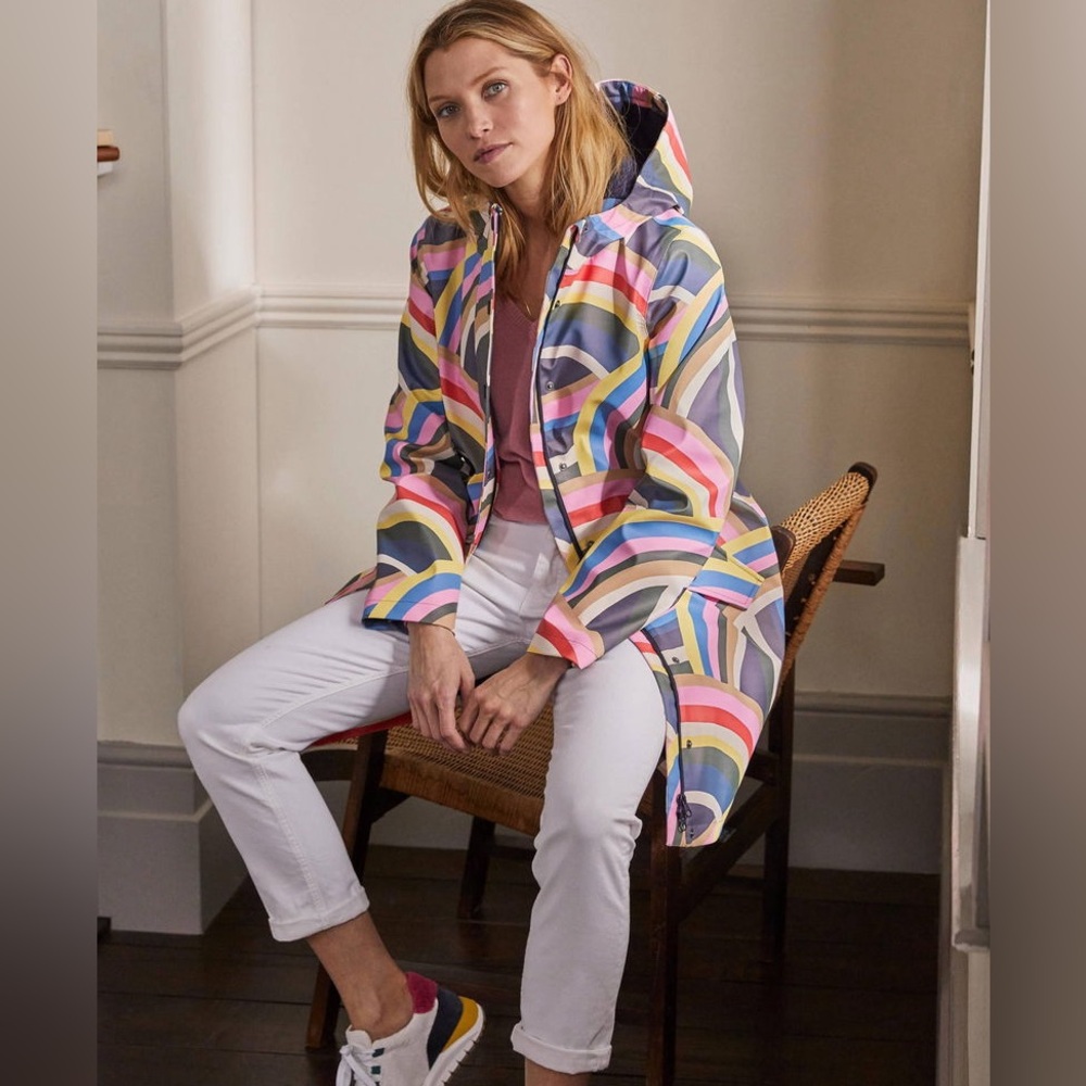 NWT- Boden Rainbow Arc Print Hooded Raincoat — Pink, Blue, Yellow, Green, Gray - Picture 9 of 11